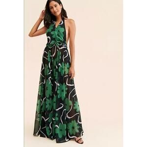 ALEXANDRA BUENO Anthropologie Sz S Small Manglar Halter Maxi Dress Black Green
